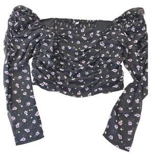 H&M Black Floral Puff Sleeve Smocked Crop Top Size‎ M women nwot